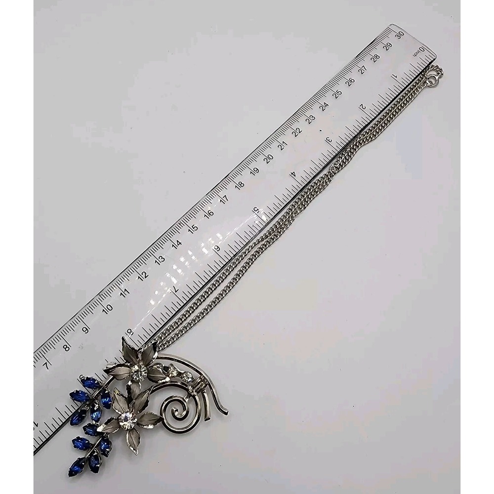 Cobalt Blue Rhinestone Floral Spray Silver Tone Pendant Brooch Retro Statement - Picture 15 of 16